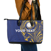Personalised Nauru Angam Day Leather Tote Bag Gold Navy Tribal Pattern