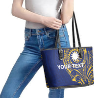 Personalised Nauru Angam Day Leather Tote Bag Gold Navy Tribal Pattern