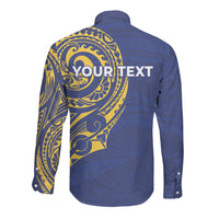 Personalised Nauru Angam Day Long Sleeve Button Shirt Gold Navy Tribal Pattern