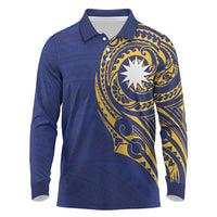 Personalised Nauru Angam Day Long Sleeve Polo Shirt Gold Navy Tribal Pattern