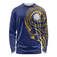 Personalised Nauru Angam Day Long Sleeve Shirt Gold Navy Tribal Pattern