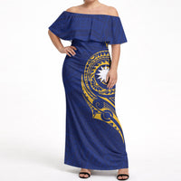 Personalised Nauru Angam Day Off Shoulder Maxi Dress Gold Navy Tribal Pattern