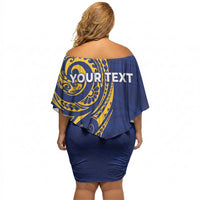Personalised Nauru Angam Day Off Shoulder Short Dress Gold Navy Tribal Pattern