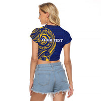 Personalised Nauru Angam Day Raglan Cropped T Shirt Gold Navy Tribal Pattern