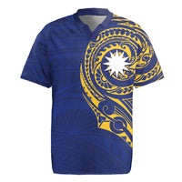 Personalised Nauru Angam Day Rugby Jersey Gold Navy Tribal Pattern