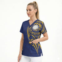 Personalised Nauru Angam Day Scrub Top Gold Navy Tribal Pattern