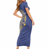 Personalised Nauru Angam Day Short Sleeve Bodycon Dress Gold Navy Tribal Pattern