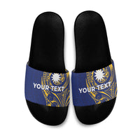 Personalised Nauru Angam Day Slide Sandals Gold Navy Tribal Pattern