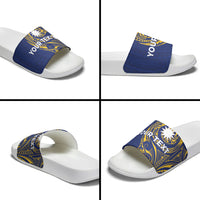 Personalised Nauru Angam Day Slide Sandals Gold Navy Tribal Pattern