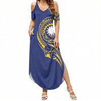 Personalised Nauru Angam Day Summer Maxi Dress Gold Navy Tribal Pattern