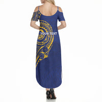 Personalised Nauru Angam Day Summer Maxi Dress Gold Navy Tribal Pattern