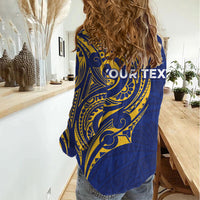 Personalised Nauru Angam Day Women Casual Shirt Gold Navy Tribal Pattern