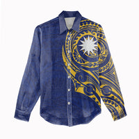 Personalised Nauru Angam Day Women Casual Shirt Gold Navy Tribal Pattern