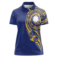 Personalised Nauru Angam Day Women Polo Shirt Gold Navy Tribal Pattern
