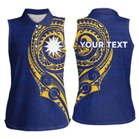 Personalised Nauru Angam Day Women Sleeveless Polo Shirt Gold Navy Tribal Pattern