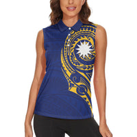 Personalised Nauru Angam Day Women Sleeveless Polo Shirt Gold Navy Tribal Pattern