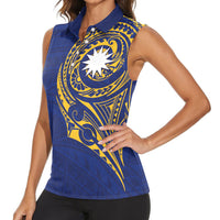 Personalised Nauru Angam Day Women Sleeveless Polo Shirt Gold Navy Tribal Pattern