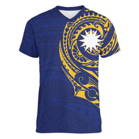 Personalised Nauru Angam Day Women V-Neck T-Shirt Gold Navy Tribal Pattern