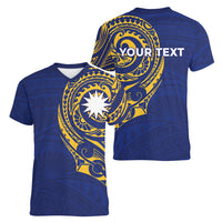 Personalised Nauru Angam Day Women V-Neck T-Shirt Gold Navy Tribal Pattern