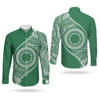 Cook Islands Gospel Day Couples Matching Off Shoulder Maxi Dress and Long Sleeve Button Shirt Green Tribal Curves
