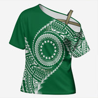 Cook Islands Gospel Day Cross Shoulder Shirt Green Tribal Curves