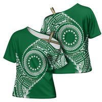 Cook Islands Gospel Day Cross Shoulder Shirt Green Tribal Curves