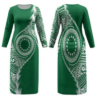 Cook Islands Gospel Day Family Matching Long Sleeve Bodycon Dress and Hawaiian Shirt Green Tribal Curves