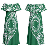 Cook Islands Gospel Day Family Matching Off Shoulder Maxi Dress and Hawaiian Shirt Green Tribal Curves