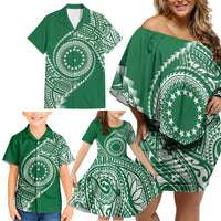 Cook Islands Gospel Day Family Matching Off Shoulder Short Dress and Hawaiian Shirt Green Tribal Curves