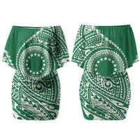 Cook Islands Gospel Day Family Matching Off Shoulder Short Dress and Hawaiian Shirt Green Tribal Curves