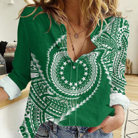 Cook Islands Gospel Day Women Casual Shirt Green Tribal Curves