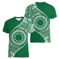 Cook Islands Gospel Day Women V-Neck T-Shirt Green Tribal Curves