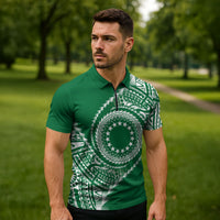 Cook Islands Gospel Day Zipper Polo Shirt Green Tribal Curves