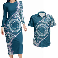 Cook Islands Gospel Day Couples Matching Long Sleeve Bodycon Dress and Hawaiian Shirt Blue Tribal Curves