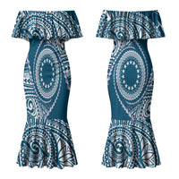 Cook Islands Gospel Day Couples Matching Mermaid Dress and Long Sleeve Button Shirt Blue Tribal Curves
