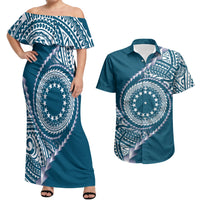 Cook Islands Gospel Day Couples Matching Off Shoulder Maxi Dress and Hawaiian Shirt Blue Tribal Curves