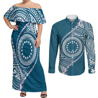 Cook Islands Gospel Day Couples Matching Off Shoulder Maxi Dress and Long Sleeve Button Shirt Blue Tribal Curves