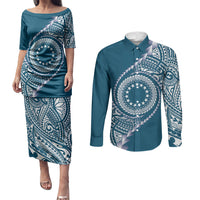Cook Islands Gospel Day Couples Matching Puletasi and Long Sleeve Button Shirt Blue Tribal Curves