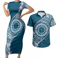 Cook Islands Gospel Day Couples Matching Short Sleeve Bodycon Dress and Hawaiian Shirt Blue Tribal Curves