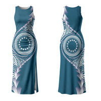 Cook Islands Gospel Day Couples Matching Tank Maxi Dress and Long Sleeve Button Shirt Blue Tribal Curves