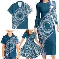 Cook Islands Gospel Day Family Matching Long Sleeve Bodycon Dress and Hawaiian Shirt Blue Tribal Curves