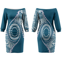 Cook Islands Gospel Day Family Matching Off The Shoulder Long Sleeve Dress and Hawaiian Shirt Blue Tribal Curves