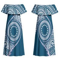 Cook Islands Gospel Day Family Matching Off Shoulder Maxi Dress and Hawaiian Shirt Blue Tribal Curves