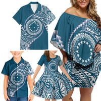 Cook Islands Gospel Day Family Matching Off Shoulder Short Dress and Hawaiian Shirt Blue Tribal Curves