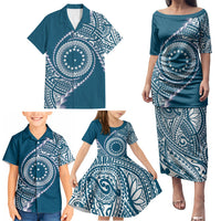 Cook Islands Gospel Day Family Matching Puletasi and Hawaiian Shirt Blue Tribal Curves