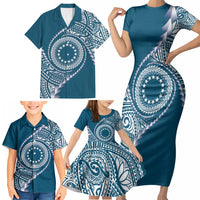 Cook Islands Gospel Day Family Matching Short Sleeve Bodycon Dress and Hawaiian Shirt Blue Tribal Curves