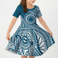 Cook Islands Gospel Day Kid Short Sleeve Dress Blue Tribal Curves