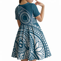Cook Islands Gospel Day Kid Short Sleeve Dress Blue Tribal Curves
