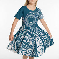 Cook Islands Gospel Day Kid Short Sleeve Dress Blue Tribal Curves