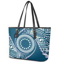Cook Islands Gospel Day Leather Tote Bag Blue Tribal Curves